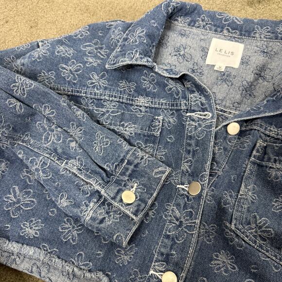 Dolls Kill x Le Lis Floral Embroidered Cropped Denim Jacket Women’s Medium - Picture 6 of 7